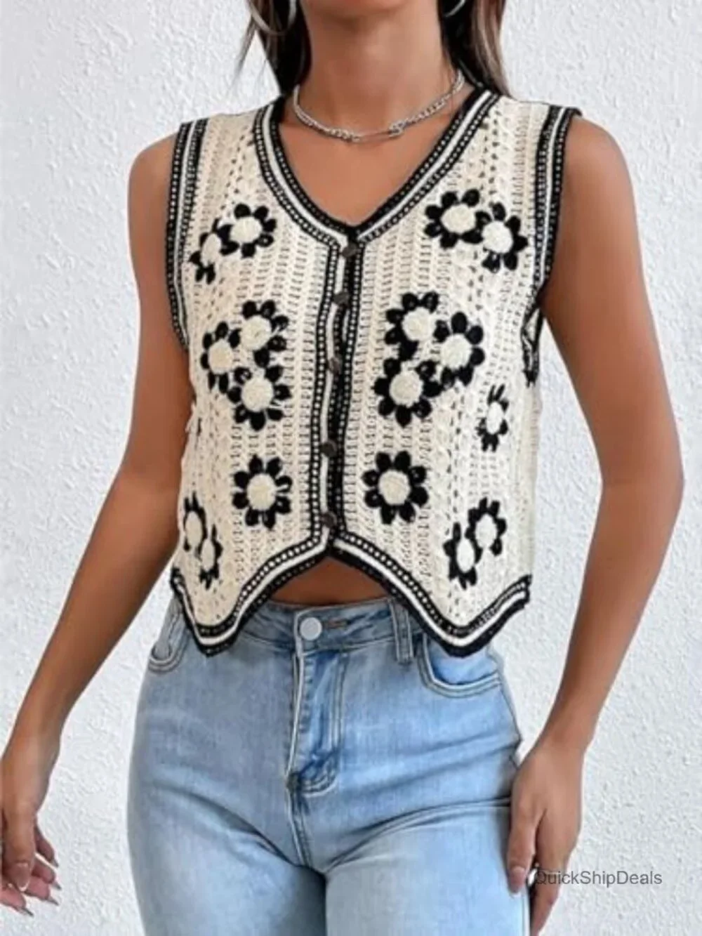 Verdusa Women's Crochet Plaid Button Front Crop Sweater Vest Sleeveless